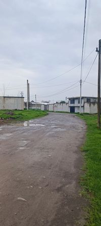 Acceso principal al terreno con calle de terracer&iacute;a y postes de luz
